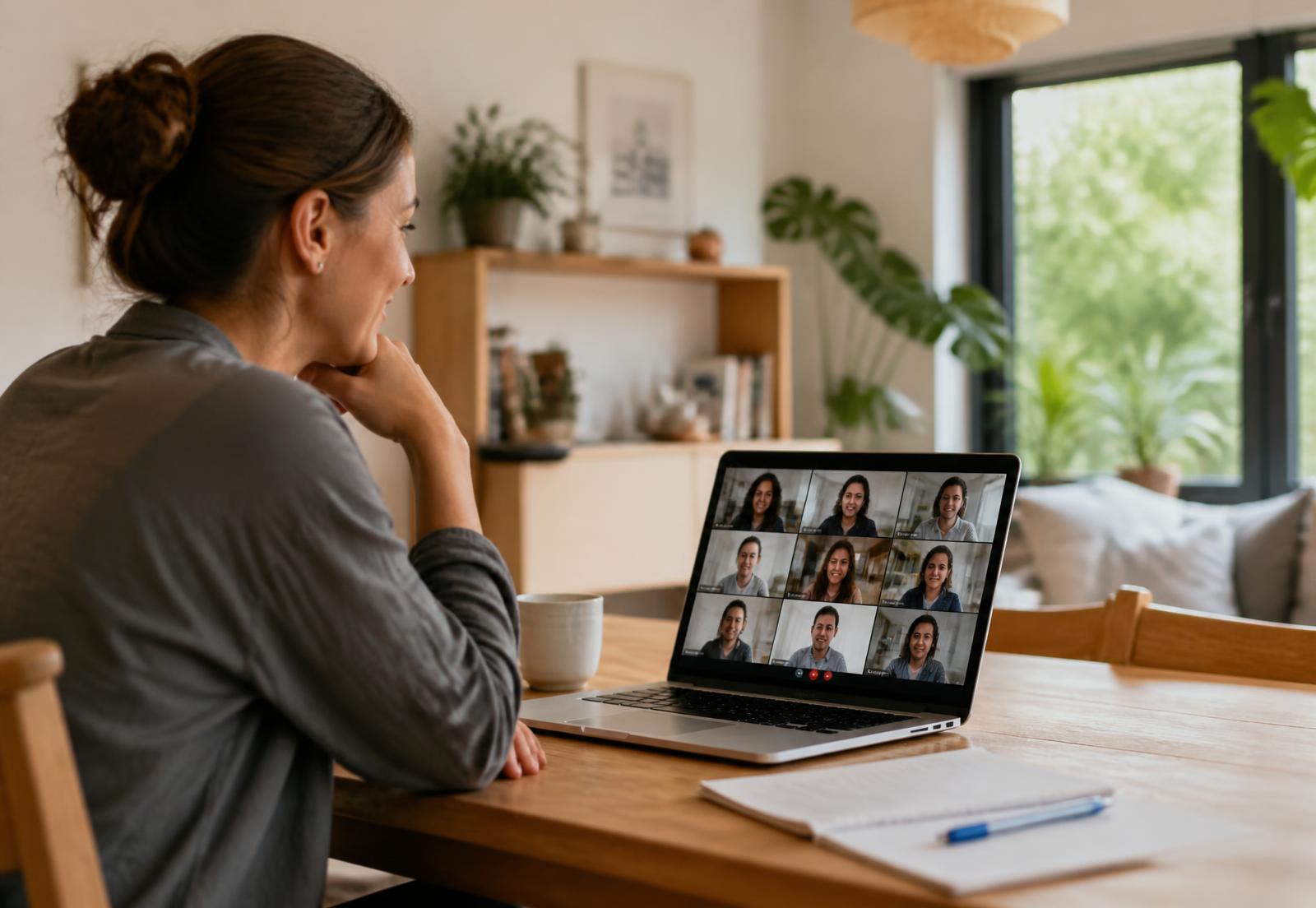 Vrouw in online vergadering met deelnemers in beeld op haar laptop